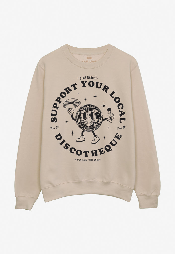 unisex fit neutral sweatshirt with dancing disco ball character and disco slogan in black print on front