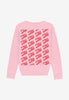 kids pastel pink sweatshirt with red repeat pattern cherries logo on back 