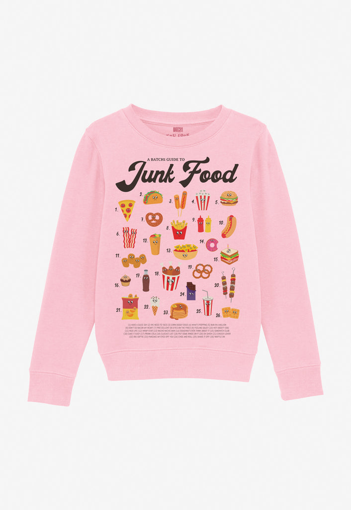 children's pink printed sweatshirt with cute illustrated junk food characters