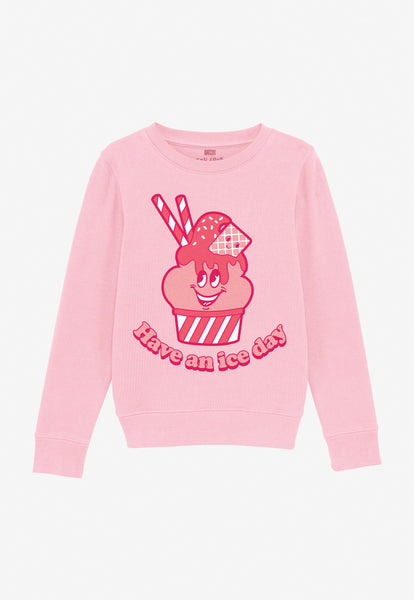 children's candy pink printed sweatshirt with ice cream character graphic and have an ice day slogan