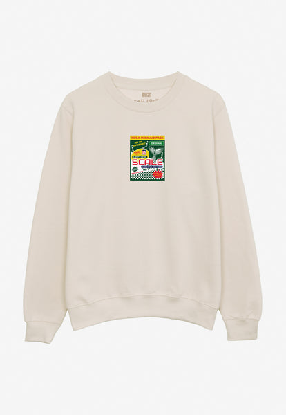 cream coloured sweatshirt with small front print showing retro mermaid washing powder logo