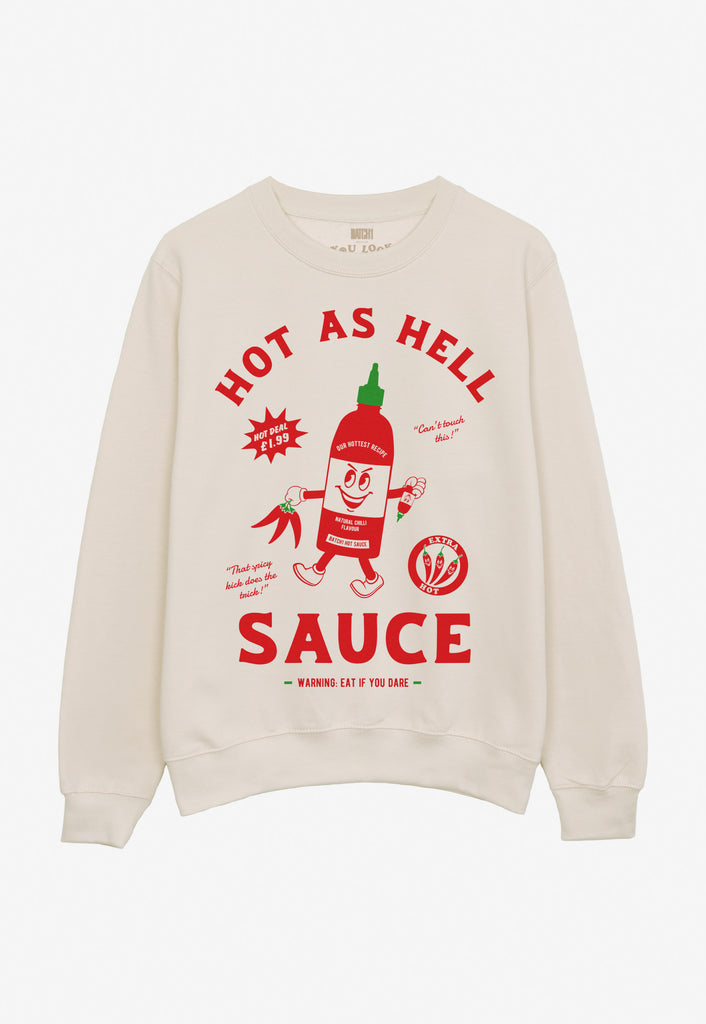 Flatlay of printed hot sauce sweatshirt in cream with large hot sauce graphic and vintage character