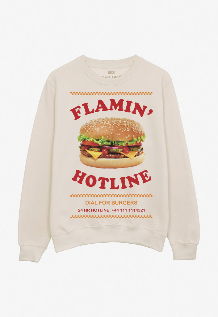 Vanilla printed food merch sweater with giant photographic burger and Flaming Hotline, Dial for Burgers slogan