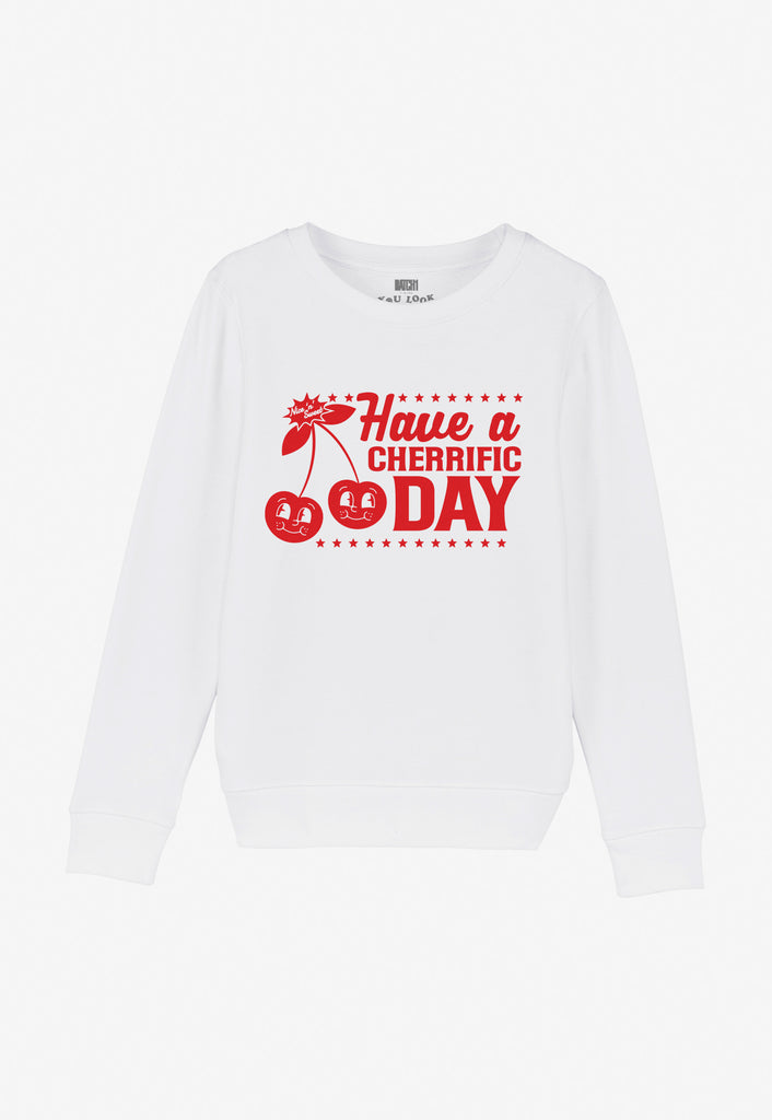 children's white sweatshirt with red printed cherries logo and positive slogan