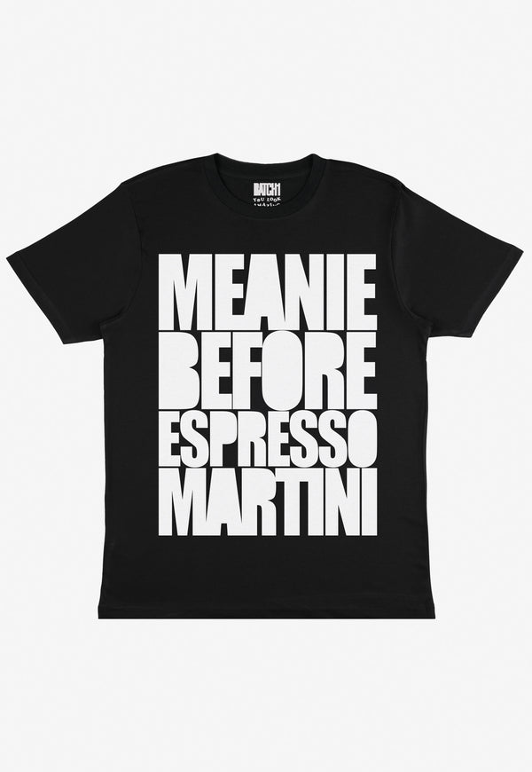 black t shirt with espresso martini slogan in white print
