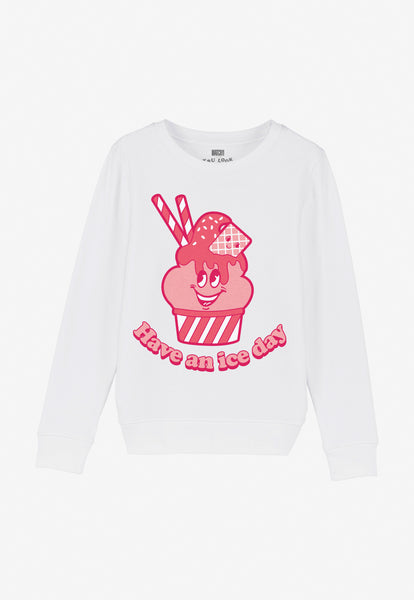 Children's unisex white printed sweatshirt with fun ice cream character graphic and positive slogan
