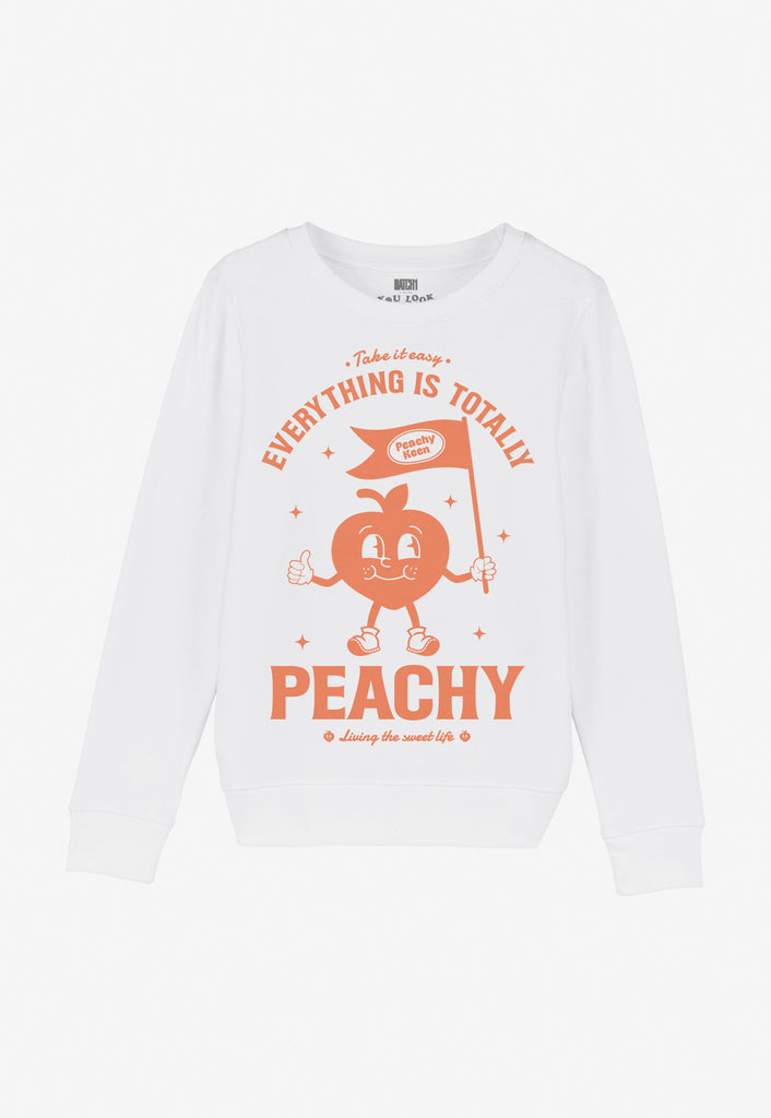 children's printed sweatshirt in white with cute peach character and positive slogan