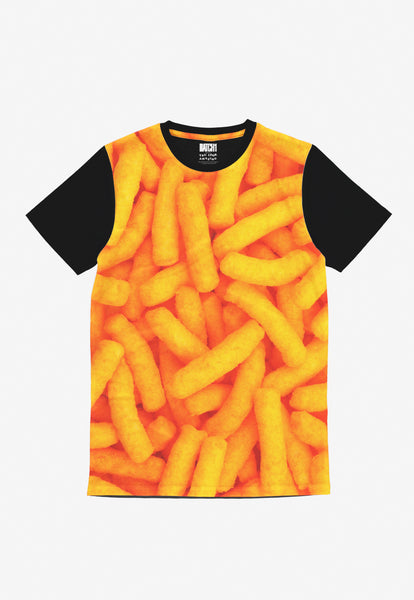 Cheese puff all over photo print tshirt with black sleevses