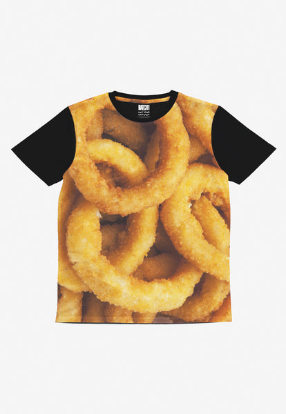 kids t shirt with black sleeves and neckline and cool all over onion rings photo print