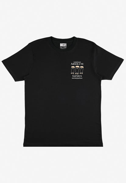black graphic t-shirt with beer character on left chest
