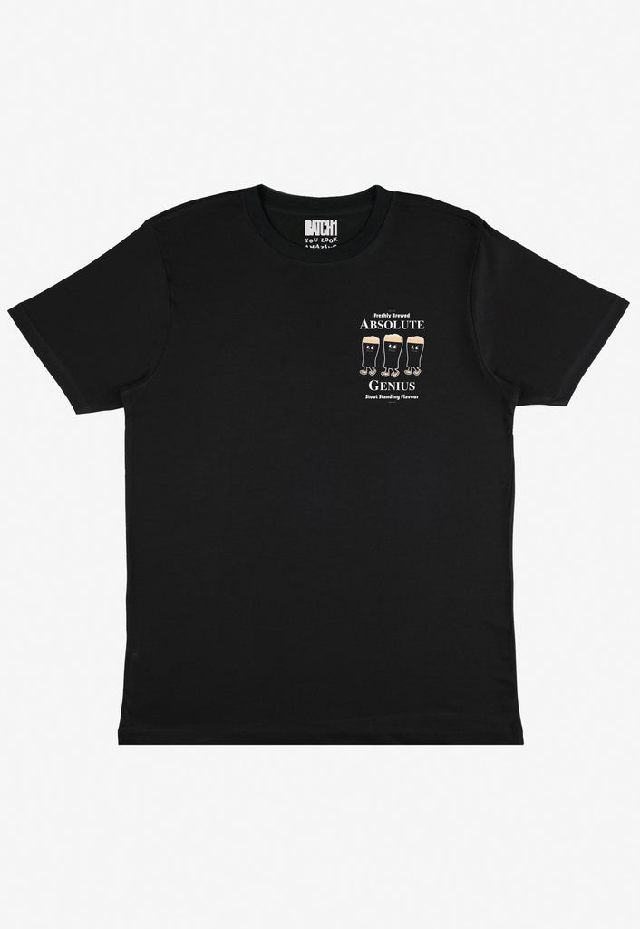 black graphic t-shirt with beer character on left chest