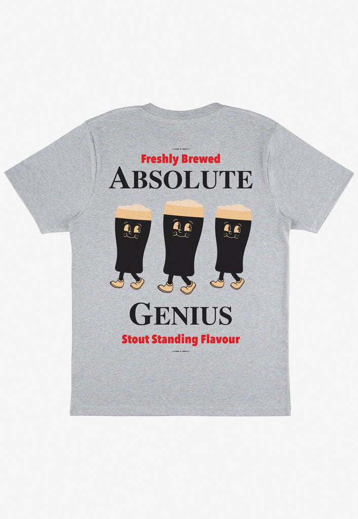 template image of back print grey t-shirt with fun beer stout character and slogan absolute genius