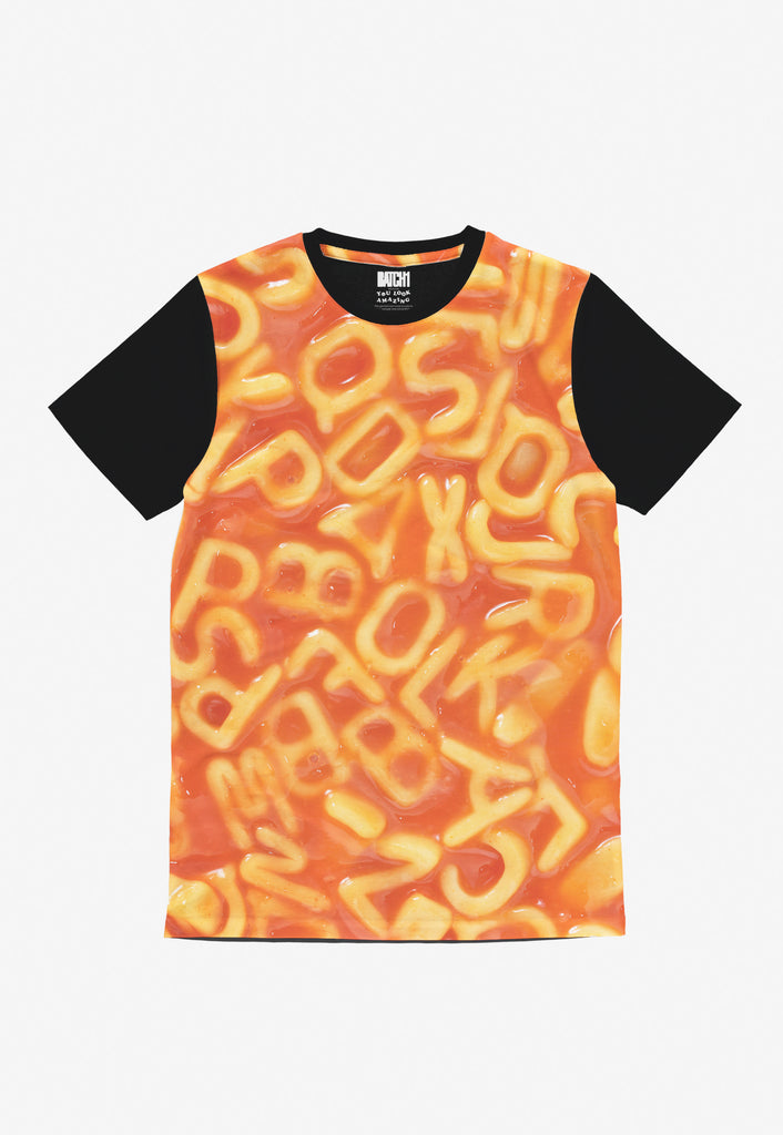 Printed t shirt with black sleeves and full body digital photo print of alphabet spaghetti shapes