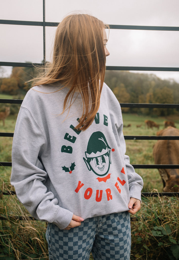 womens christmas sweater with cute vintage elf print