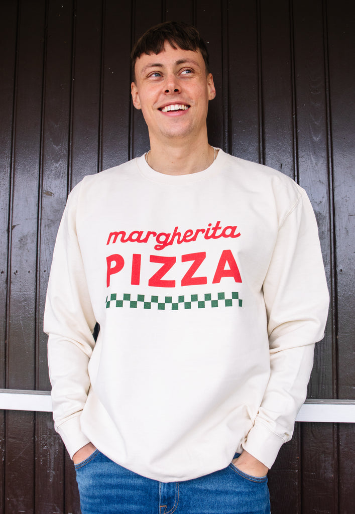 Model wears vanilla sweatshirt with Margherita pizza slogan 
