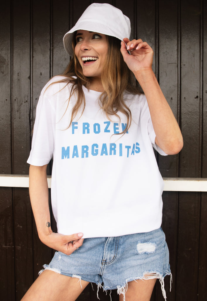 model wears white tshirt with Frozen Margaritas slogan