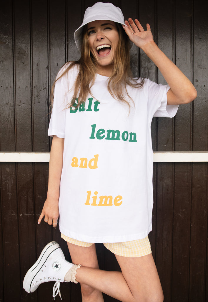 Model wears tequila drinking slogan tshirt