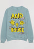 Flatlay of summer festival sweatshirt with acid house slogan and fruit graphics