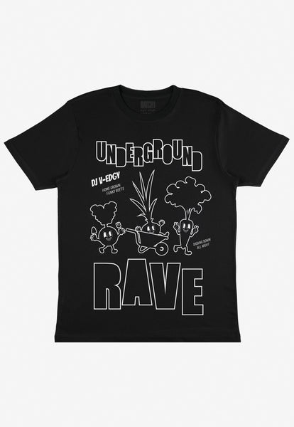 Flatlay of black t-shirt with 'underground rave' slogan and festival veggie characters printed on front of top