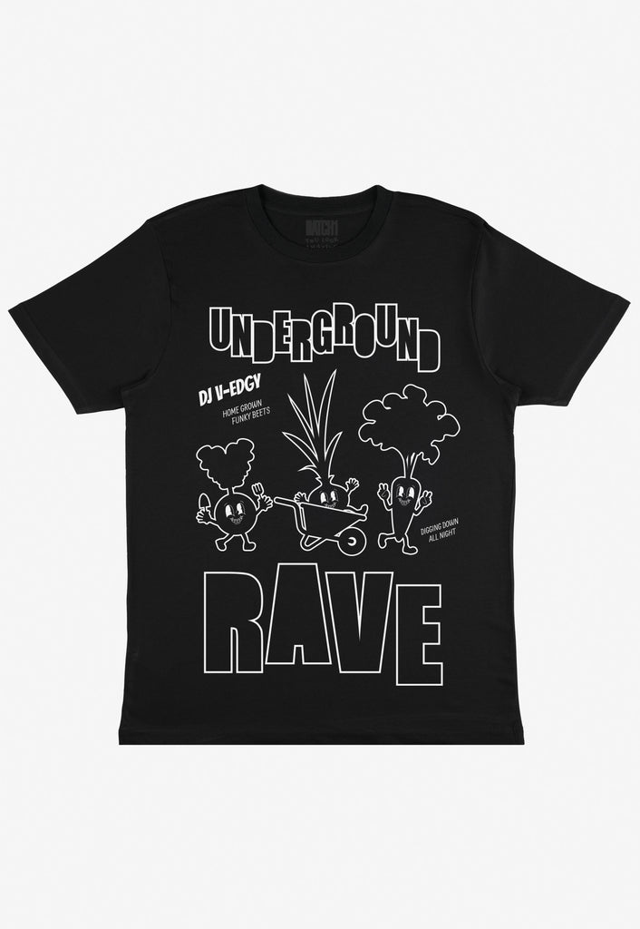 Flatlay of black t-shirt with 'underground rave' slogan and festival veggie characters printed on front of top