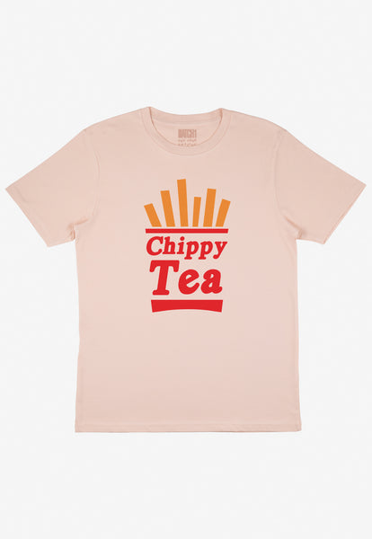 Flatlay of dusty peach tshirt with Chippy Tea slogan and fries/chips graphic