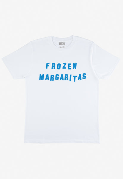 Flatlay of white tshirt with Frozen Margaritas slogan