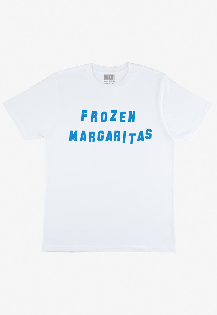 Flatlay of white tshirt with Frozen Margaritas slogan