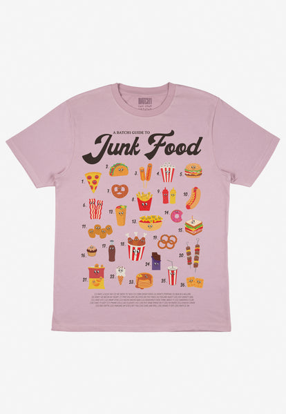 Flatlay of junk food guide slogan tshirt
