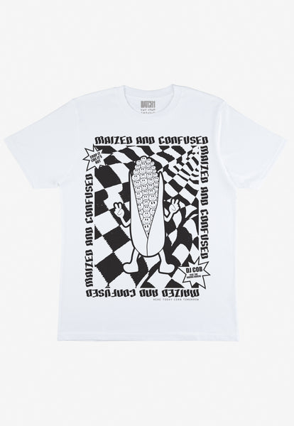 Flatlay of maized and confused slogan graphic tshirt