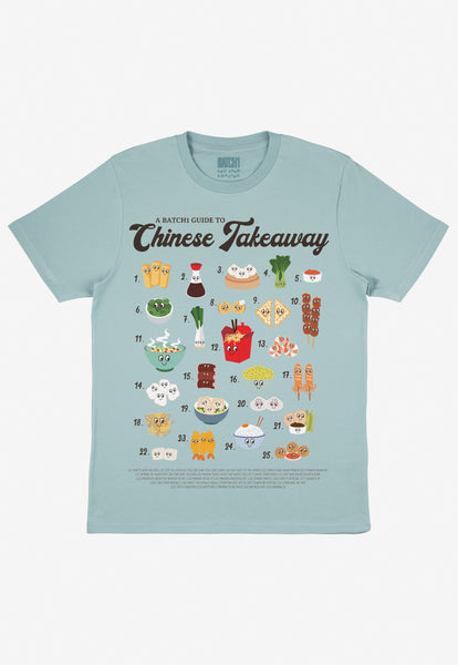 Flatlay of Chinese Takeaway slogan t-shirt in Dusty Green