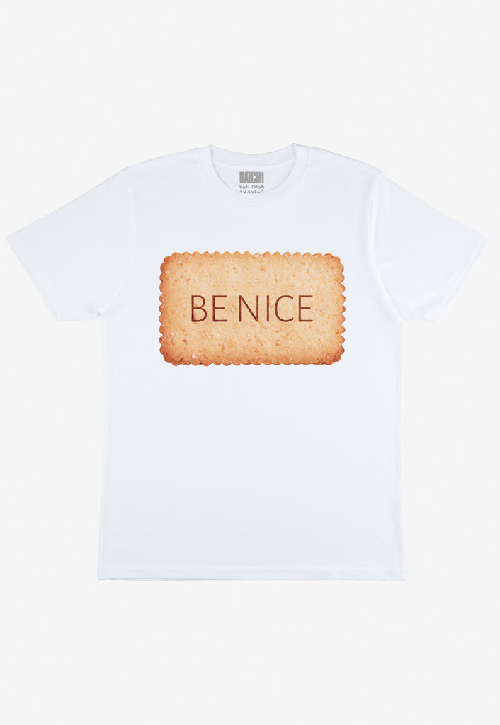 Flatlay of  white tshirt with Be Nice slogan and biscuit graphic 