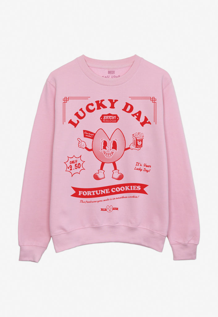 Lucky day slogan vintage style printed pink sweatshirt
