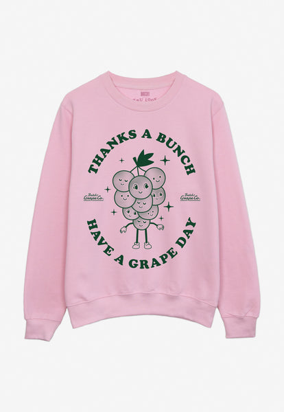 pastel pink unisex sweater with printed vintage style grape character logo and fun slogan