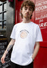 male model wears unisex white t shirt with beer graphic and slogan print to front