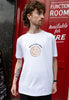male model wears unisex white t shirt with "have a nice pint" slogan and smiley beer graphic 
