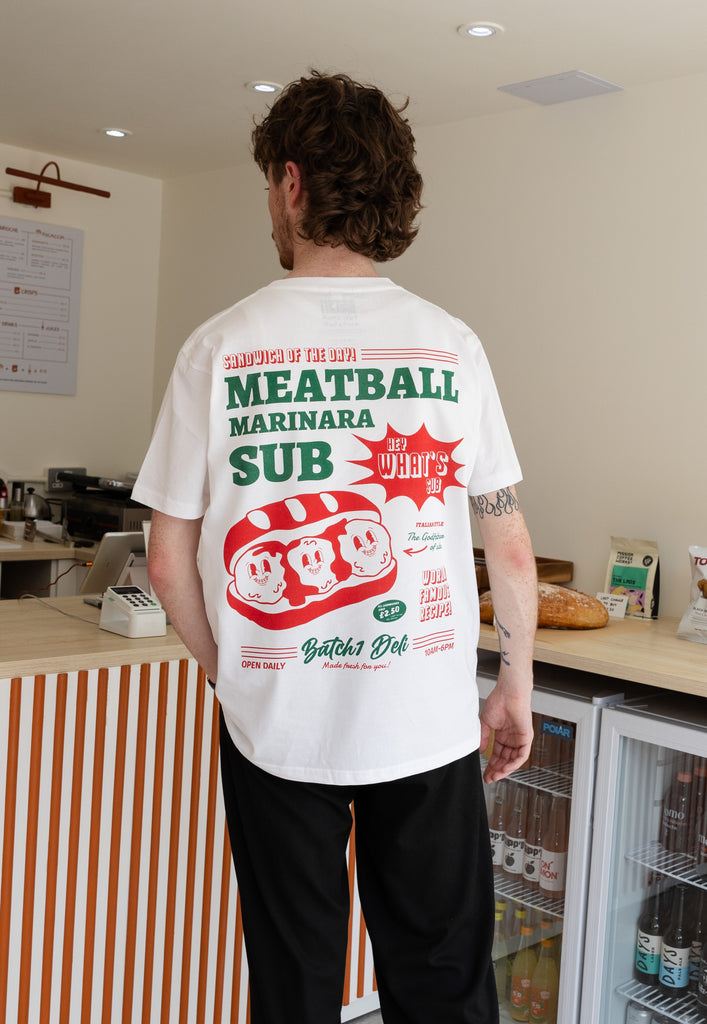 Large back meatball subs poster printed tshirt in white 