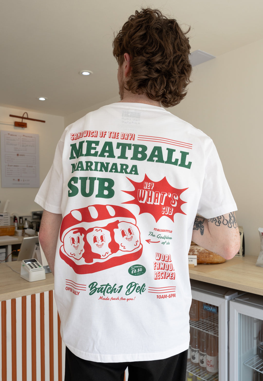large vintage style poster meatbal subs graphic printed tshirt in white