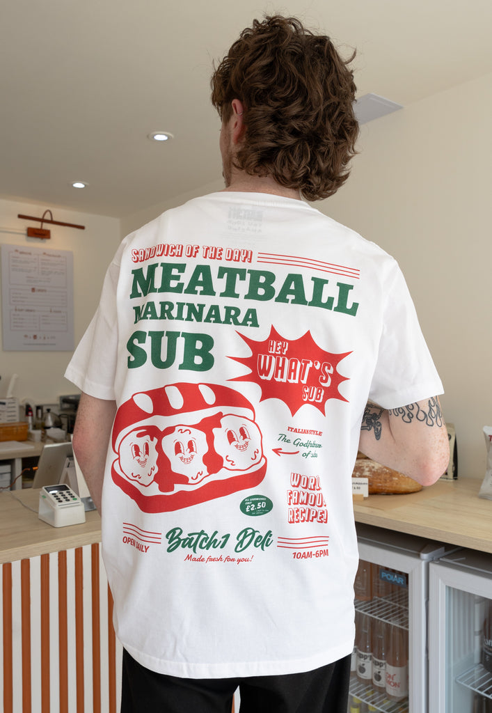 large vintage style poster meatbal subs graphic printed tshirt in white