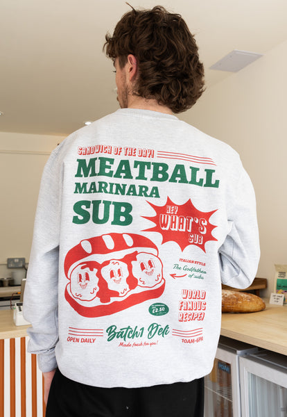 Large back print of meatball marinara sub graphic printed sweatshirt in grey