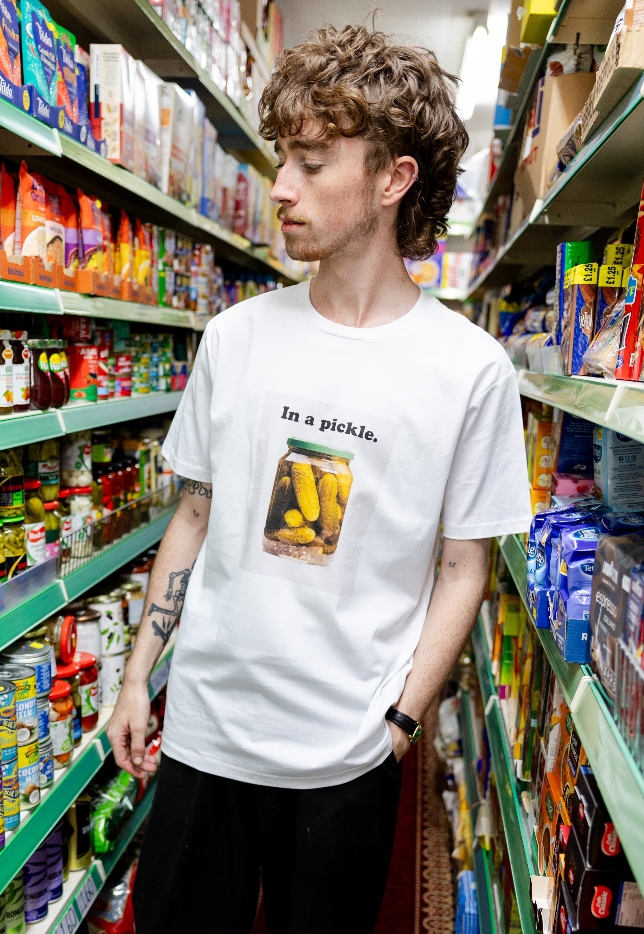 small pickle jar photo print slogan tshirt in white