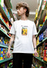 model is wearing small front pickle photo printed tshirt in white