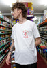 male model wears white relaxed fit t shirt with small hot sauce logo printed front left chest