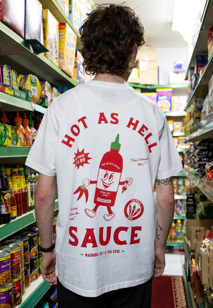 unisex fit white t shirt with large hot sauce character graphic back print