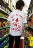 male model wears printed hot sauce food merch t shirt large back print graphic