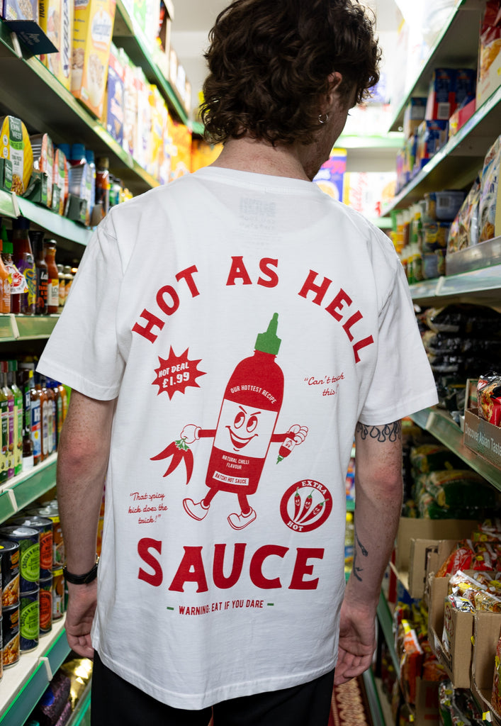 unisex fit white t shirt with hot sauce vintage character back print