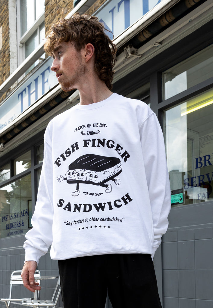 model wears sandwich merch logo sweatshirt in white