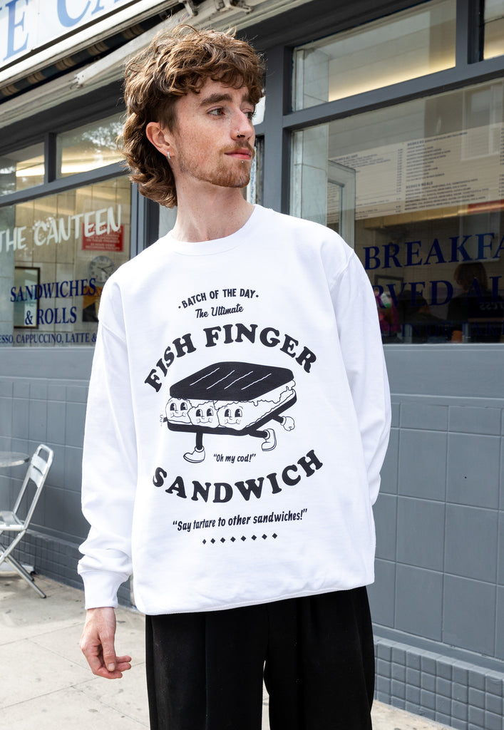 model wears sandwich logo sweatshirt in white
