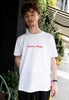 male model wears white t shirt with cacio e pepe pasta slogan print