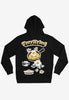 black hooded sweatshirt with large graphic back print showing vintage style fried egg characters and Terrifried slogan