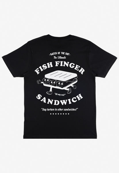 flatlay of large back print fish finger sandwich slogan printed tshirt in black